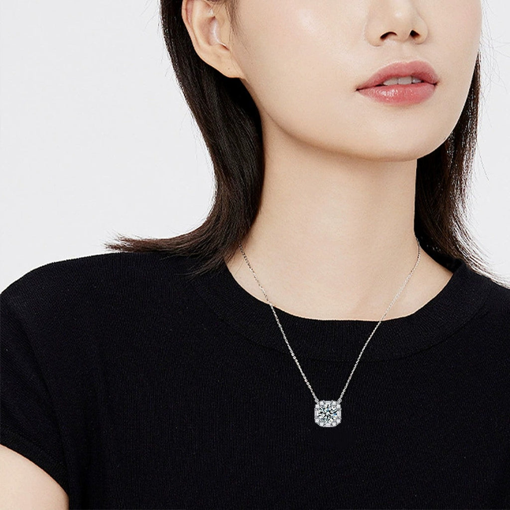 Sugar Cube Round Moissanite Necklace with CZ in White Gold-Plated S925 sterling silver neckline model view showing pendant scale and chain length