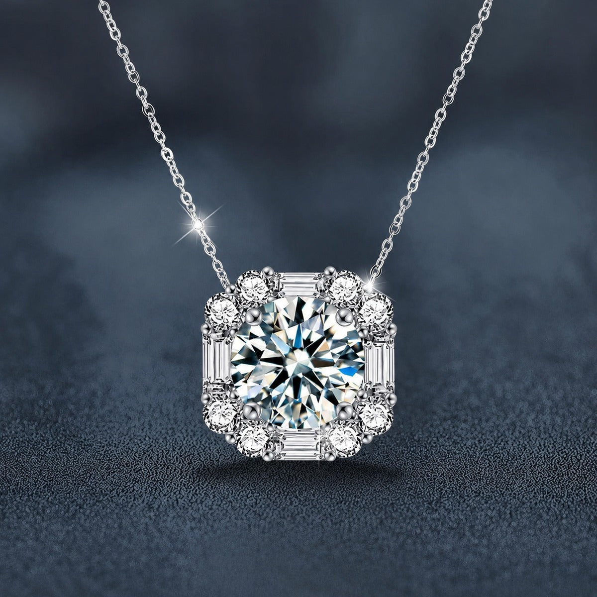 Sugar Cube Round Moissanite Necklace with CZ in White Gold-Plated S925 sterling silver close-up product scene showing pendant setting