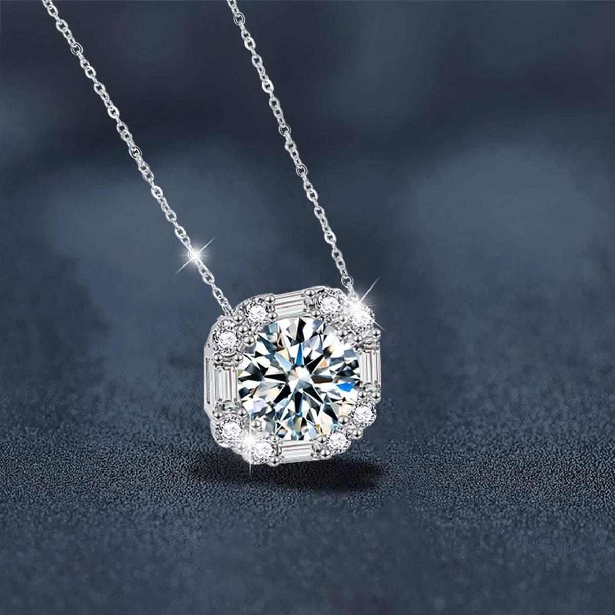 Sugar Cube Round Moissanite Necklace with CZ in White Gold-Plated S925 sterling silver blue display scene showing chain and stone layout