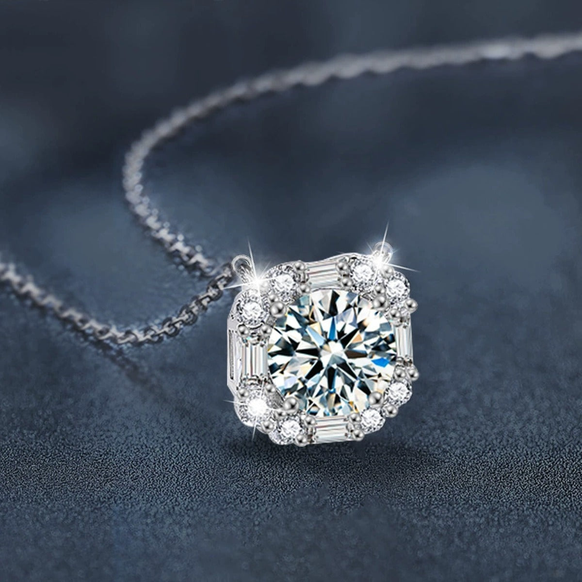 Sugar Cube Round Moissanite Necklace with CZ in White Gold-Plated S925 sterling silver angled product detail view