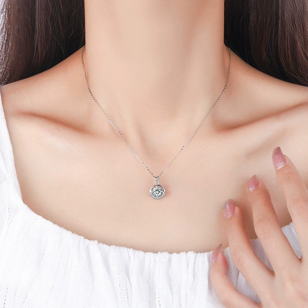 Heart Round Moissanite Necklace with CZ in Gold-Plated S925 sterling silver neckline model view showing pendant scale and chain length