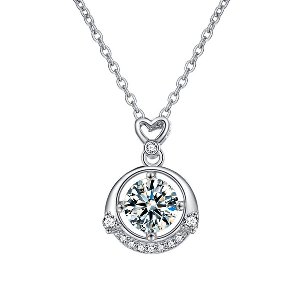 Heart Round Moissanite Necklace with CZ in Gold-Plated S925 sterling silver white background product photo showing heart-top round moissanite pendant with CZ accents