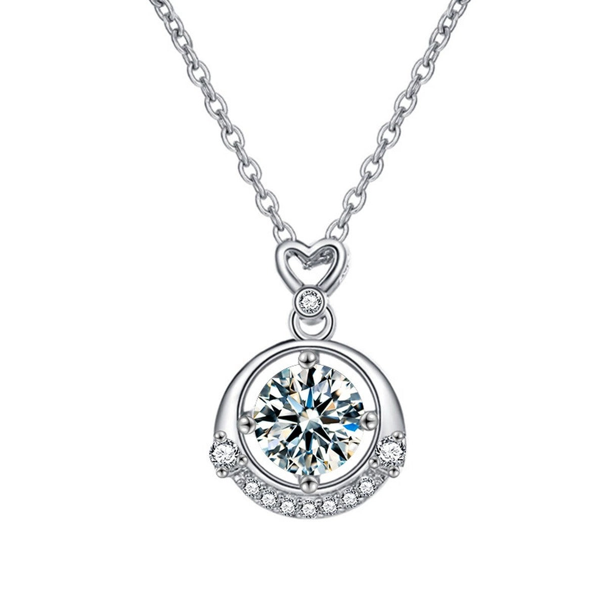 Heart Round Moissanite Necklace with CZ in Gold-Plated S925 sterling silver white background product photo showing heart-top round moissanite pendant with CZ accents