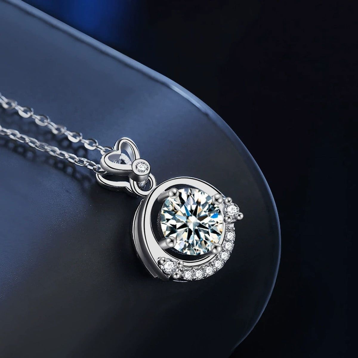 Heart Round Moissanite Necklace with CZ in Gold-Plated S925 sterling silver blue display scene showing chain and stone layout