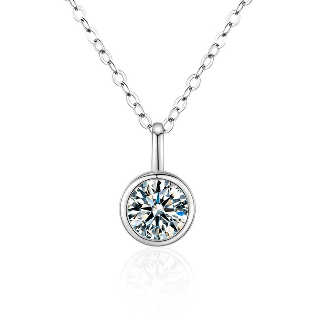 Bead Solitaire Round Moissanite Necklace with CZ in White Gold-Plated S925 sterling silver white background product photo showing bead-framed solitaire pendant with a 1 ct round moissanite center and CZ accents