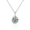 Bead Solitaire Round Moissanite Necklace with CZ in White Gold-Plated S925 sterling silver white background product photo showing bead-framed solitaire pendant with a 1 ct round moissanite center and CZ accents