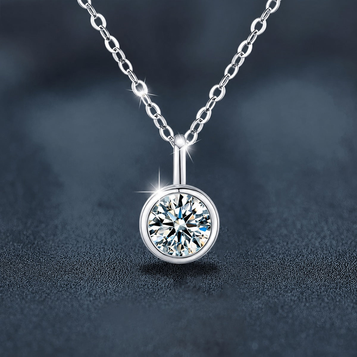 Bead Solitaire Round Moissanite Necklace with CZ in White Gold-Plated S925 sterling silver close-up product scene showing pendant setting