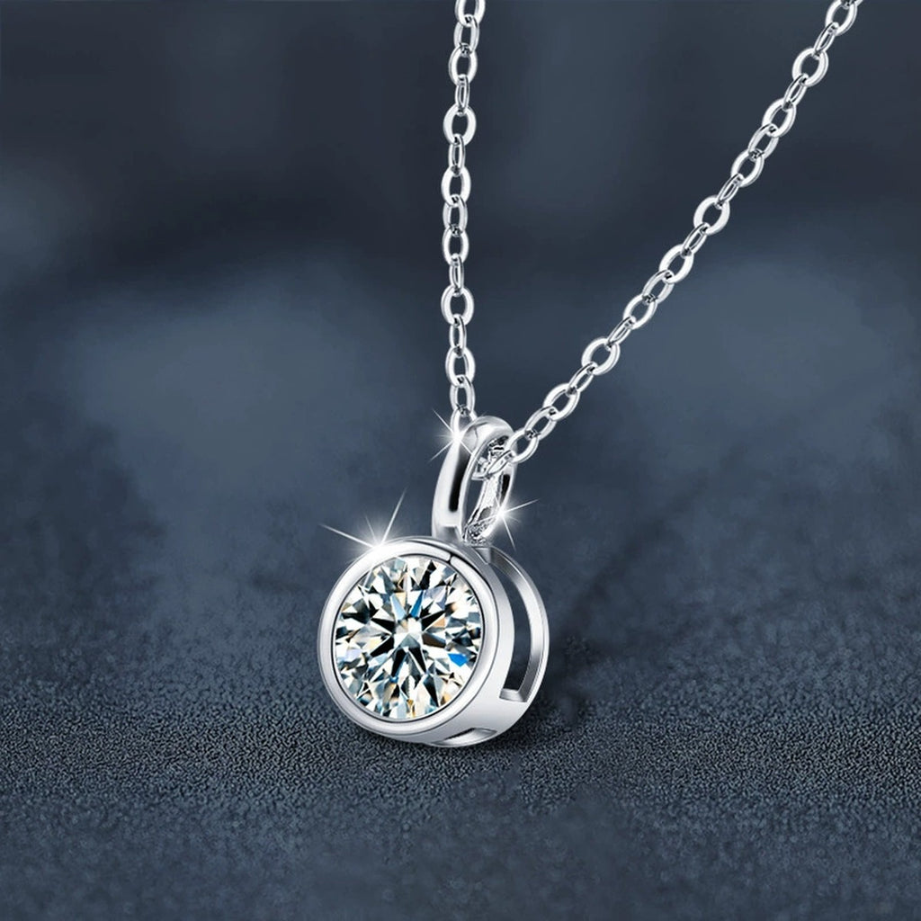 Bead Solitaire Round Moissanite Necklace with CZ in White Gold-Plated S925 sterling silver blue display scene showing chain and stone layout