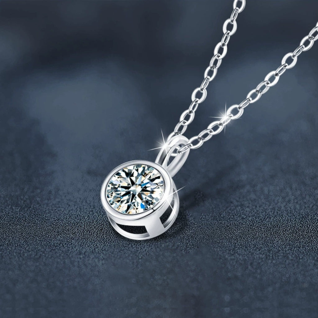Bead Solitaire Round Moissanite Necklace with CZ in White Gold-Plated S925 sterling silver angled product detail view