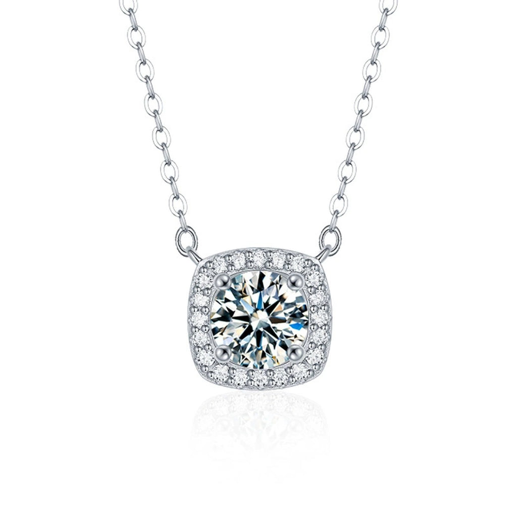 Sugar Cube Round Moissanite Necklace with CZ in White Gold-Plated S925 sterling silver white background product photo showing compact sugar-cube pendant with a 1 ct round moissanite center and CZ rounded-square frame