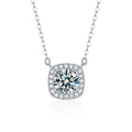 Sugar Cube Round Moissanite Necklace with CZ in White Gold-Plated S925 sterling silver white background product photo showing compact sugar-cube pendant with a 1 ct round moissanite center and CZ rounded-square frame