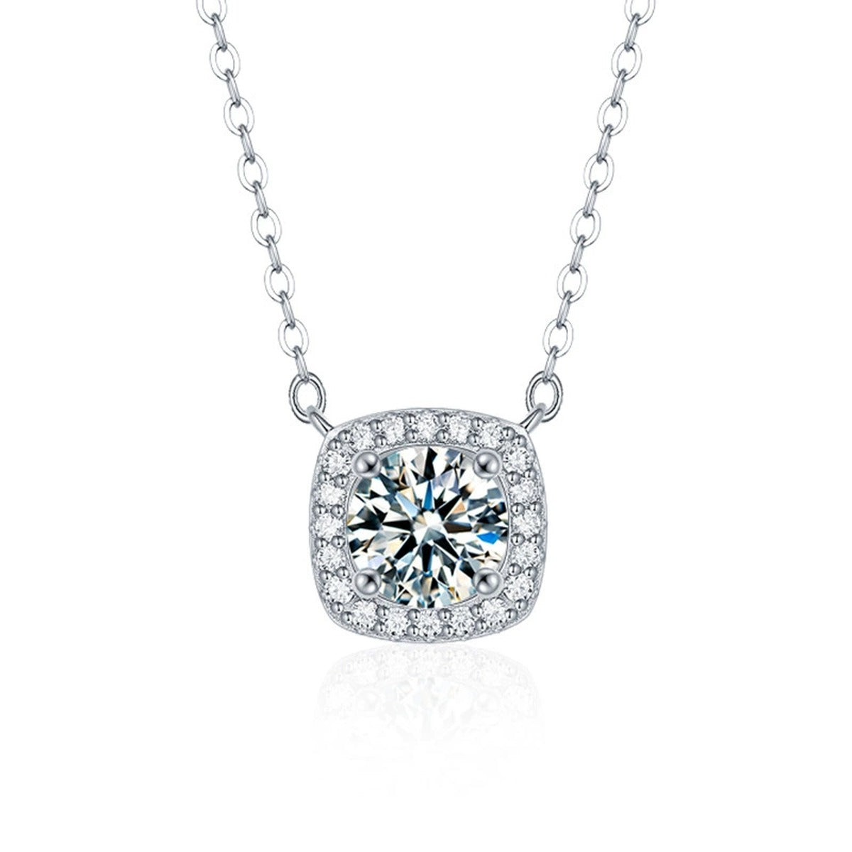 Sugar Cube Round Moissanite Necklace with CZ in White Gold-Plated S925 sterling silver white background product photo showing compact sugar-cube pendant with a 1 ct round moissanite center and CZ rounded-square frame