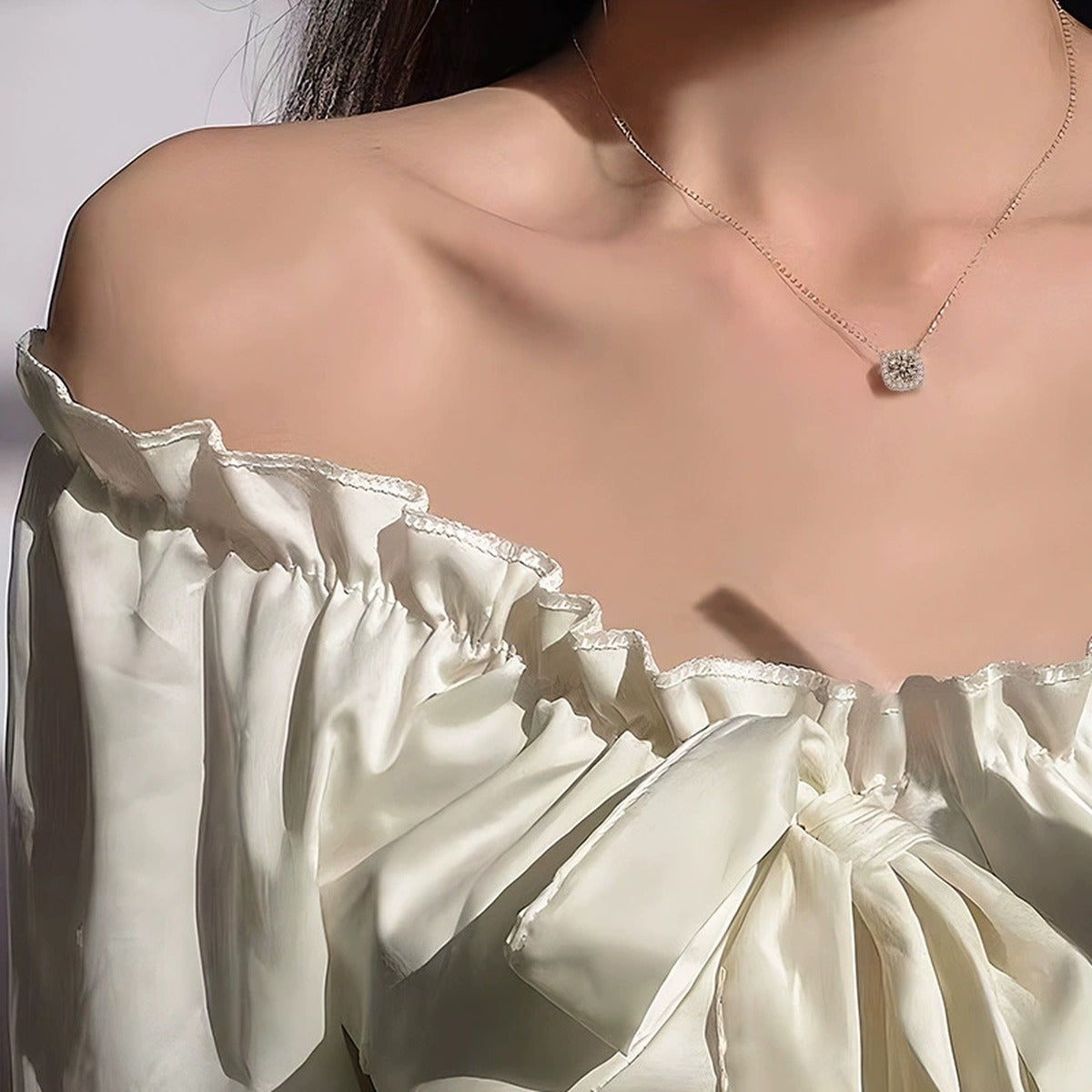 Sugar Cube Round Moissanite Necklace with CZ in White Gold-Plated S925 sterling silver neckline model view showing pendant scale and chain length