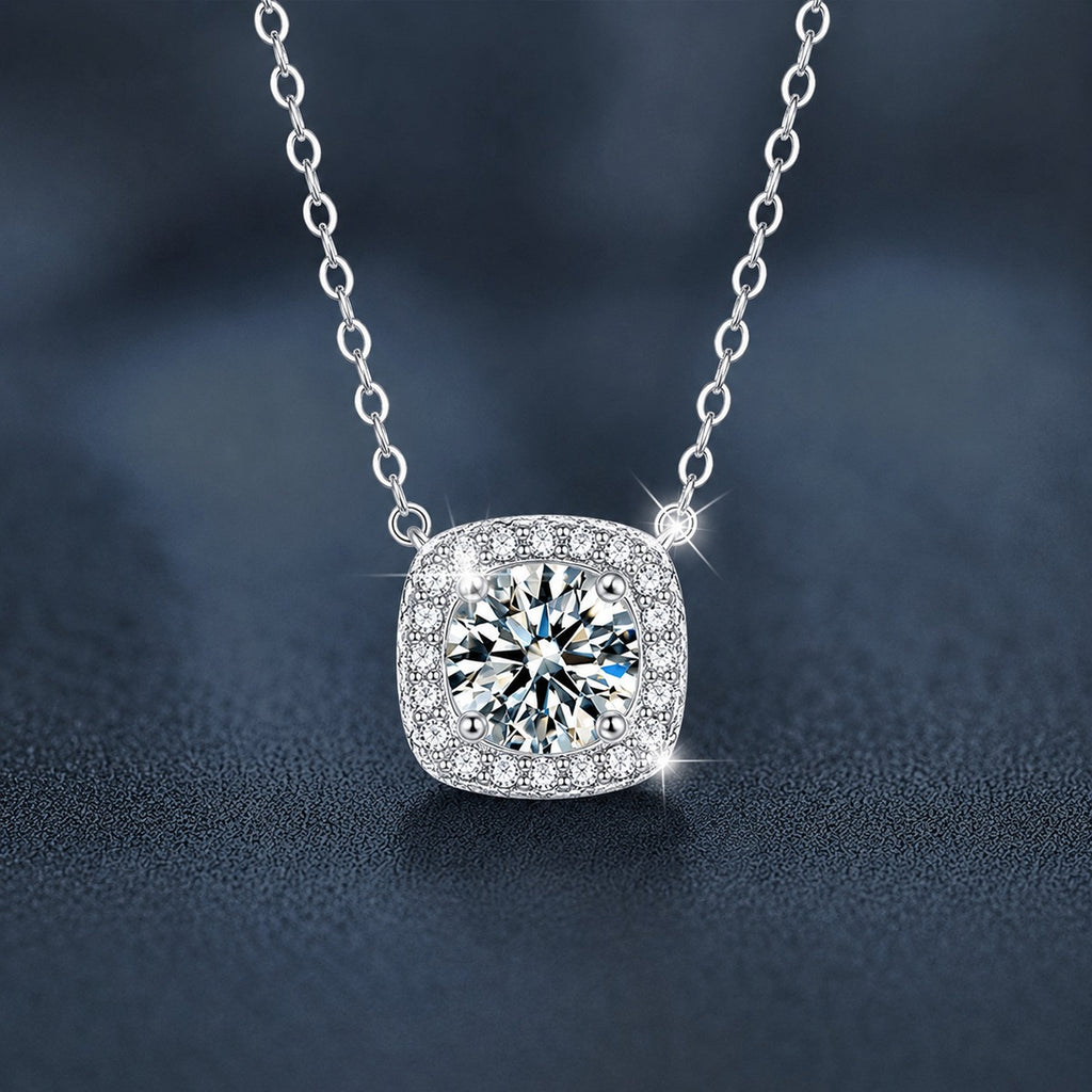 Sugar Cube Round Moissanite Necklace with CZ in White Gold-Plated S925 sterling silver close-up product scene showing pendant setting