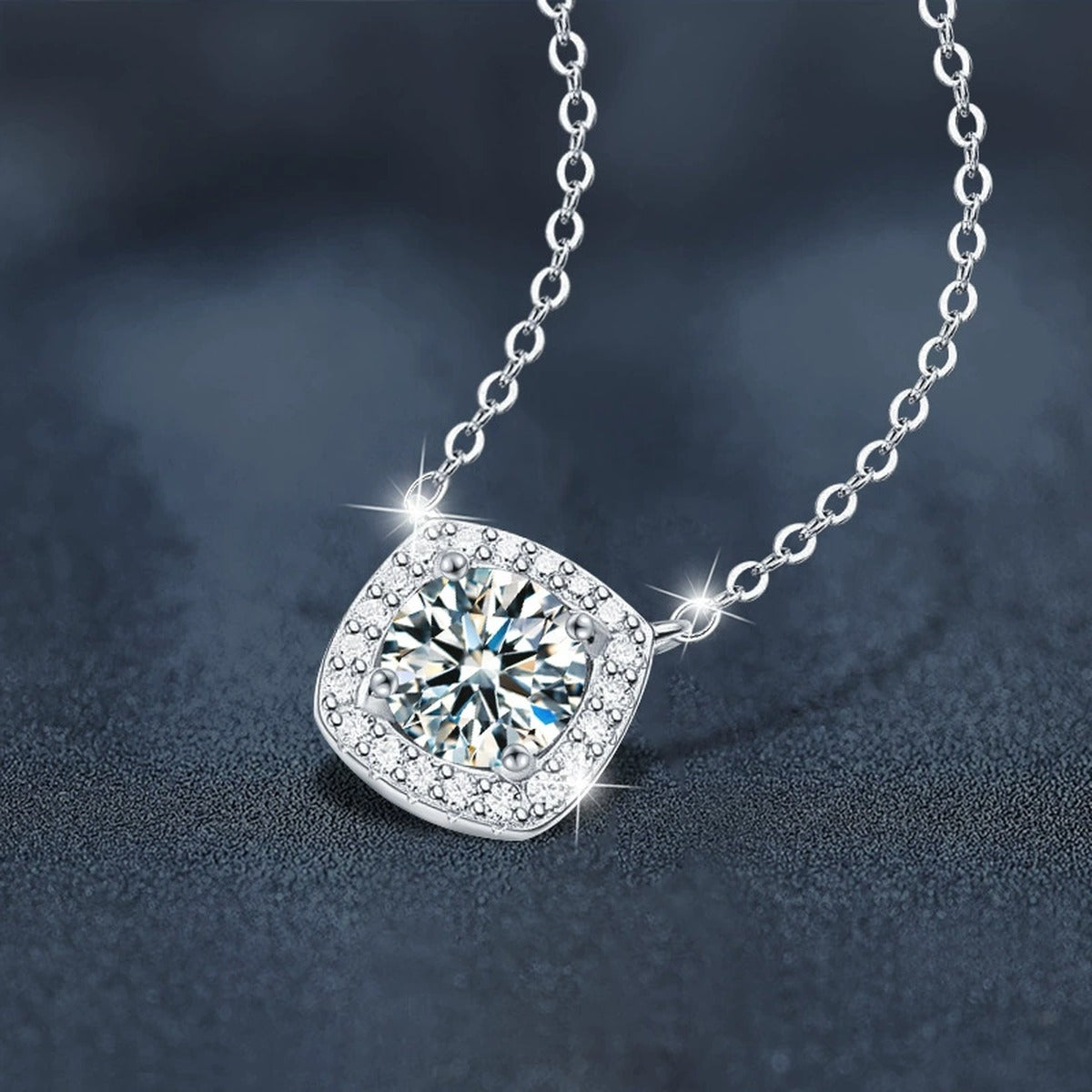 Sugar Cube Round Moissanite Necklace with CZ in White Gold-Plated S925 sterling silver blue display scene showing chain and stone layout