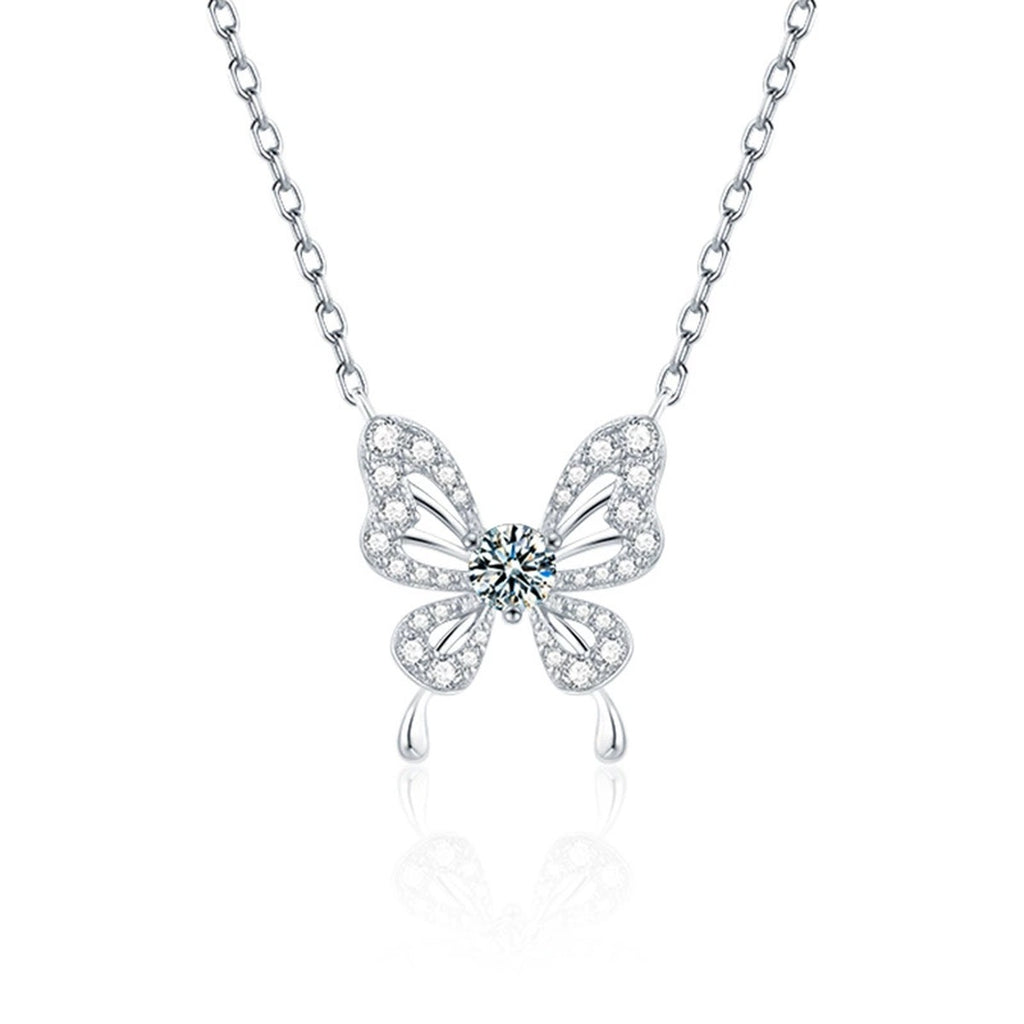 Butterfly Round Moissanite Necklace with CZ in White Gold-Plated S925 sterling silver white background product photo showing butterfly pendant with a 5mm round moissanite center and CZ wing accents