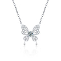 Butterfly Round Moissanite Necklace with CZ in White Gold-Plated S925 sterling silver white background product photo showing butterfly pendant with a 5mm round moissanite center and CZ wing accents