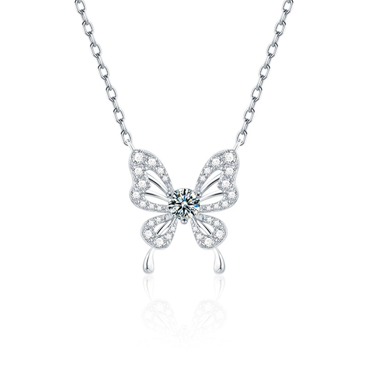 Butterfly Round Moissanite Necklace with CZ in White Gold-Plated S925 sterling silver white background product photo showing butterfly pendant with a 5mm round moissanite center and CZ wing accents