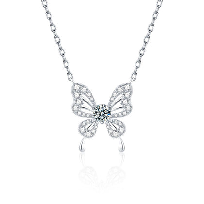 Butterfly Round Moissanite Necklace with CZ in White Gold-Plated S925 sterling silver white background product photo showing butterfly pendant with a 5mm round moissanite center and CZ wing accents