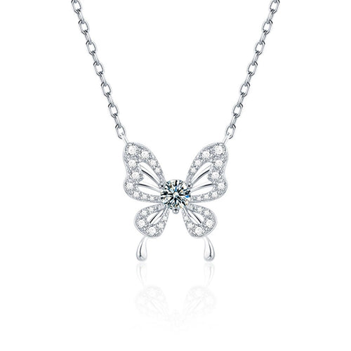 Butterfly Round Moissanite Necklace with CZ in White Gold-Plated S925 sterling silver white background product photo showing butterfly pendant with a 5mm round moissanite center and CZ wing accents