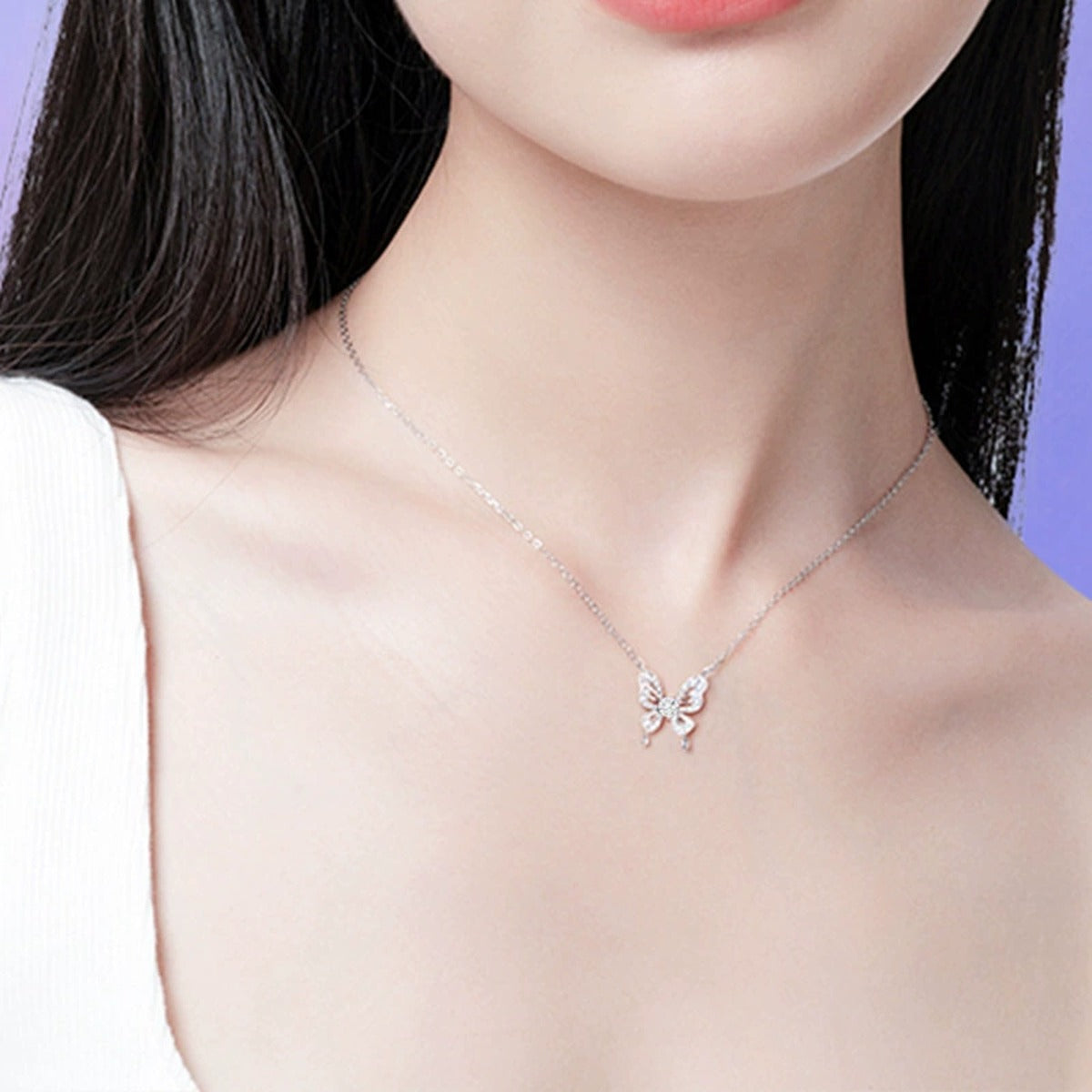 Butterfly Round Moissanite Necklace with CZ in White Gold-Plated S925 sterling silver neckline model view showing pendant scale and chain length