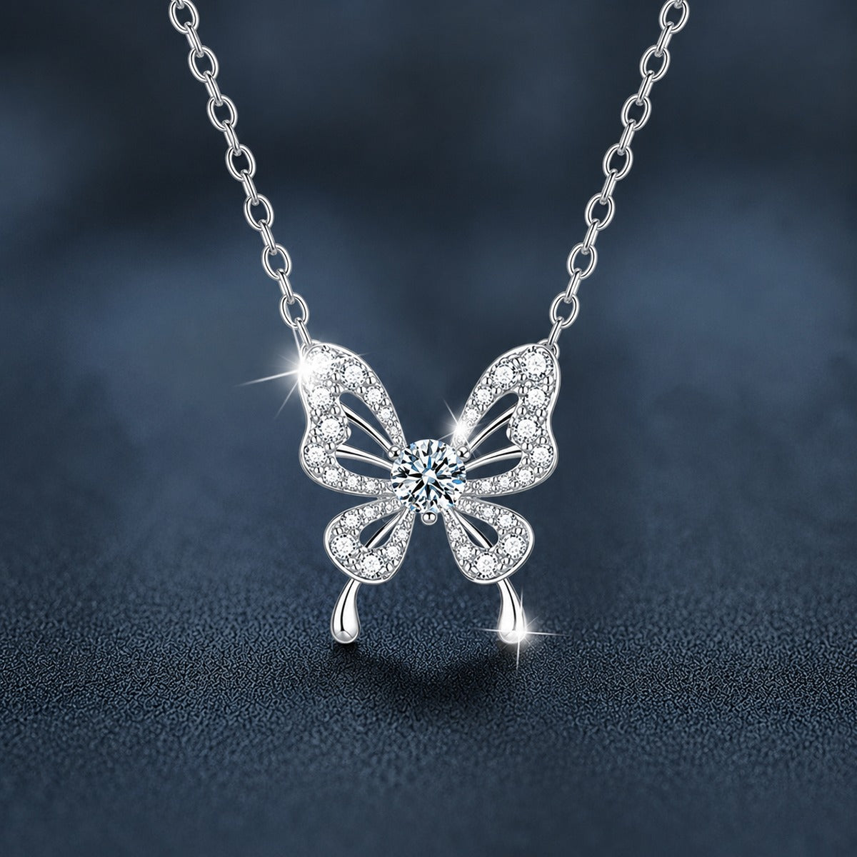 Butterfly Round Moissanite Necklace with CZ in White Gold-Plated S925 sterling silver close-up product scene showing pendant setting