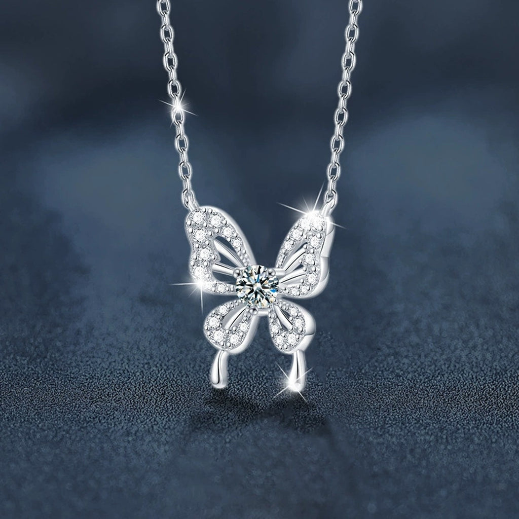 Butterfly Round Moissanite Necklace with CZ in White Gold-Plated S925 sterling silver blue display scene showing chain and stone layout