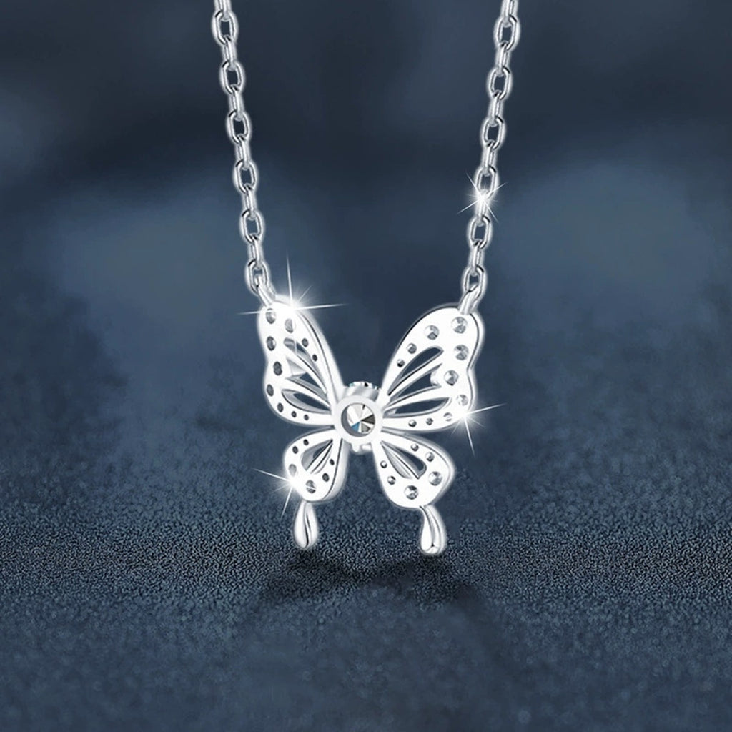 Butterfly Round Moissanite Necklace with CZ in White Gold-Plated S925 sterling silver angled product detail view