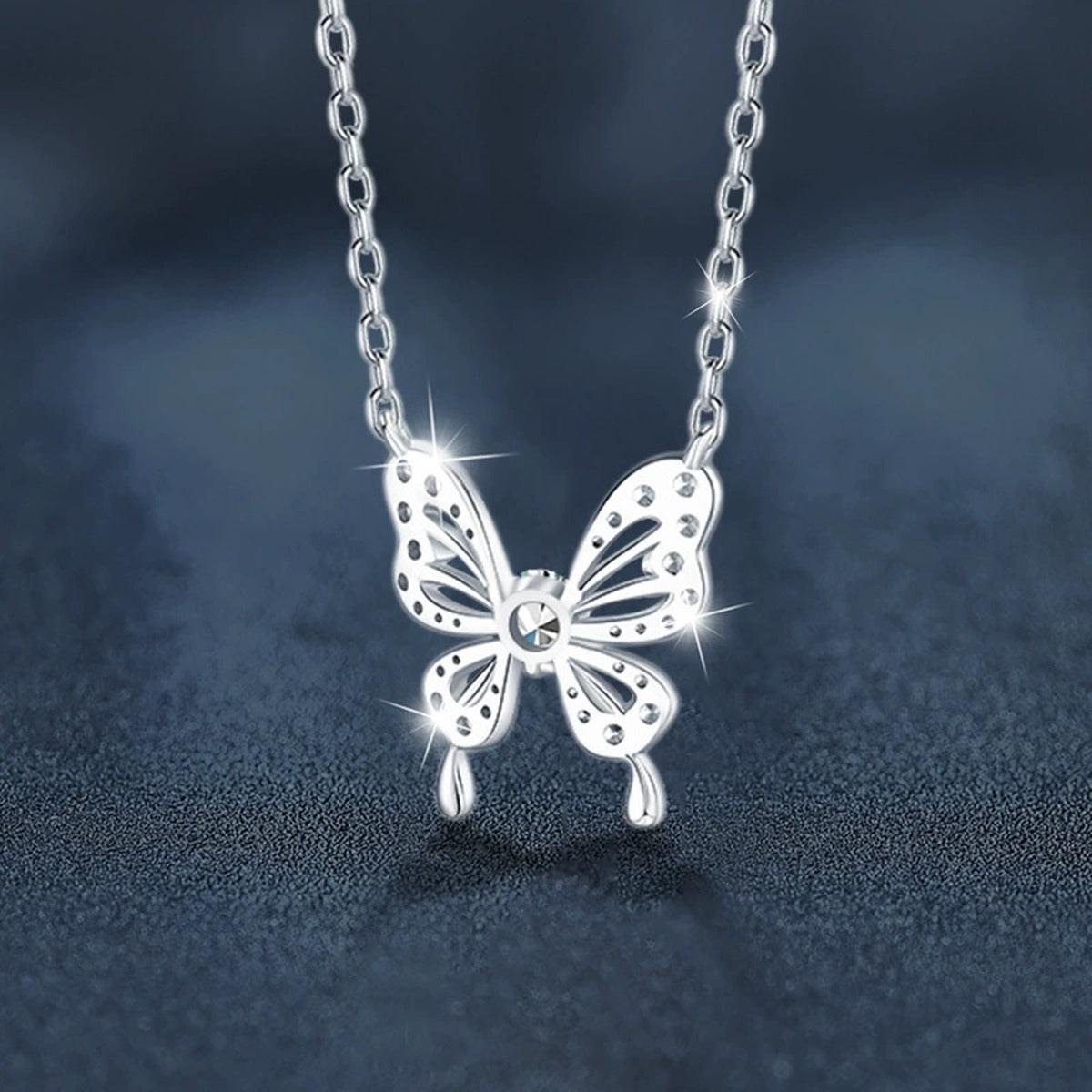 Butterfly Round Moissanite Necklace with CZ in White Gold-Plated S925 sterling silver angled product detail view