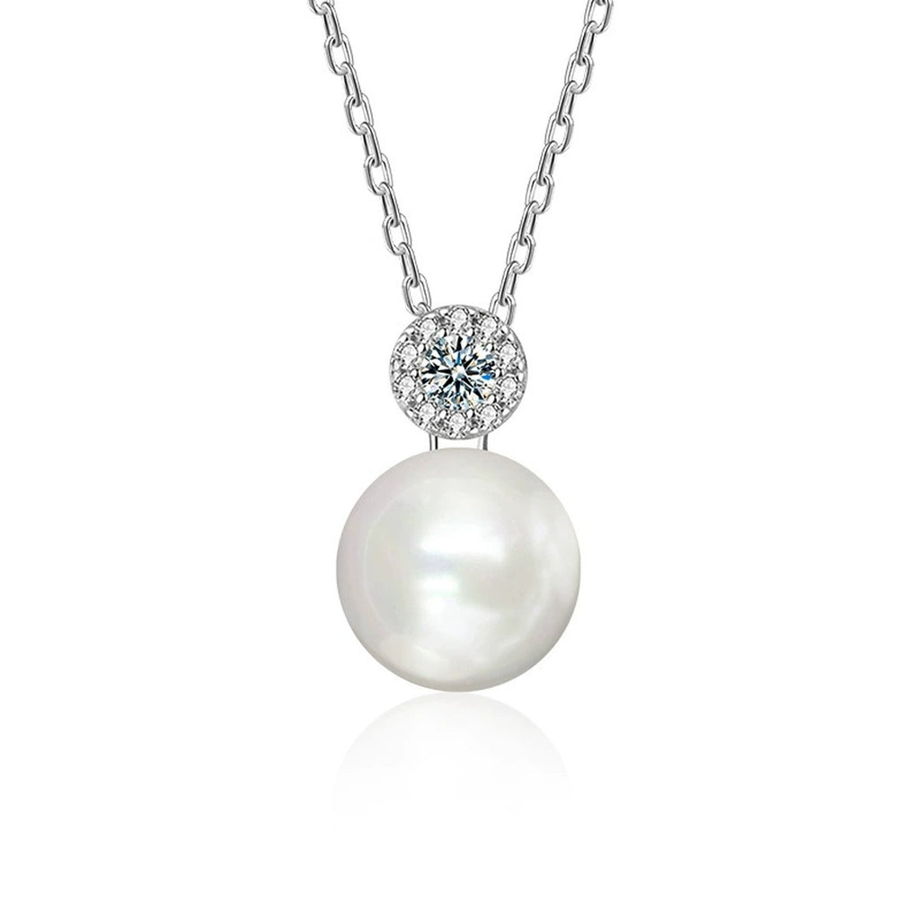 Pearl and Moissanite Necklace with CZ in White Gold-Plated S925 sterling silver white background product photo showing near-round pearl pendant topped with a small round moissanite and CZ accents