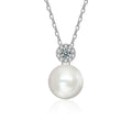 Pearl and Moissanite Necklace with CZ in White Gold-Plated S925 sterling silver white background product photo showing near-round pearl pendant topped with a small round moissanite and CZ accents