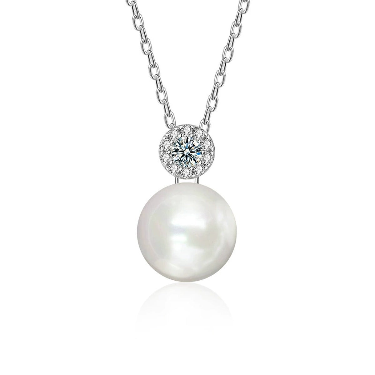 Pearl and Moissanite Necklace with CZ in White Gold-Plated S925 sterling silver white background product photo showing near-round pearl pendant topped with a small round moissanite and CZ accents