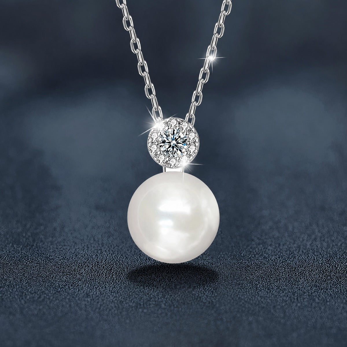 Pearl and Moissanite Necklace with CZ in White Gold-Plated S925 sterling silver close-up product scene showing pendant setting
