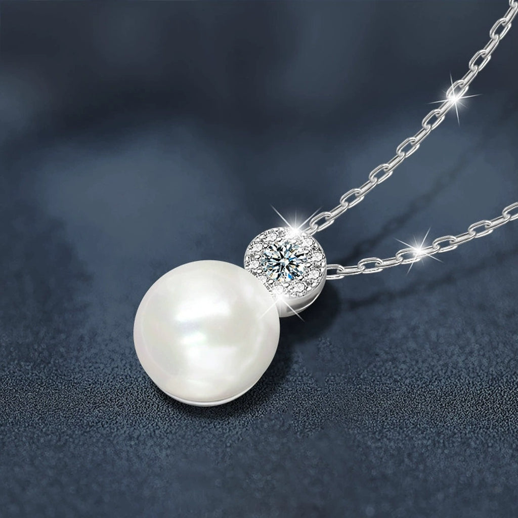 Pearl and Moissanite Necklace with CZ in White Gold-Plated S925 sterling silver blue display scene showing chain and stone layout