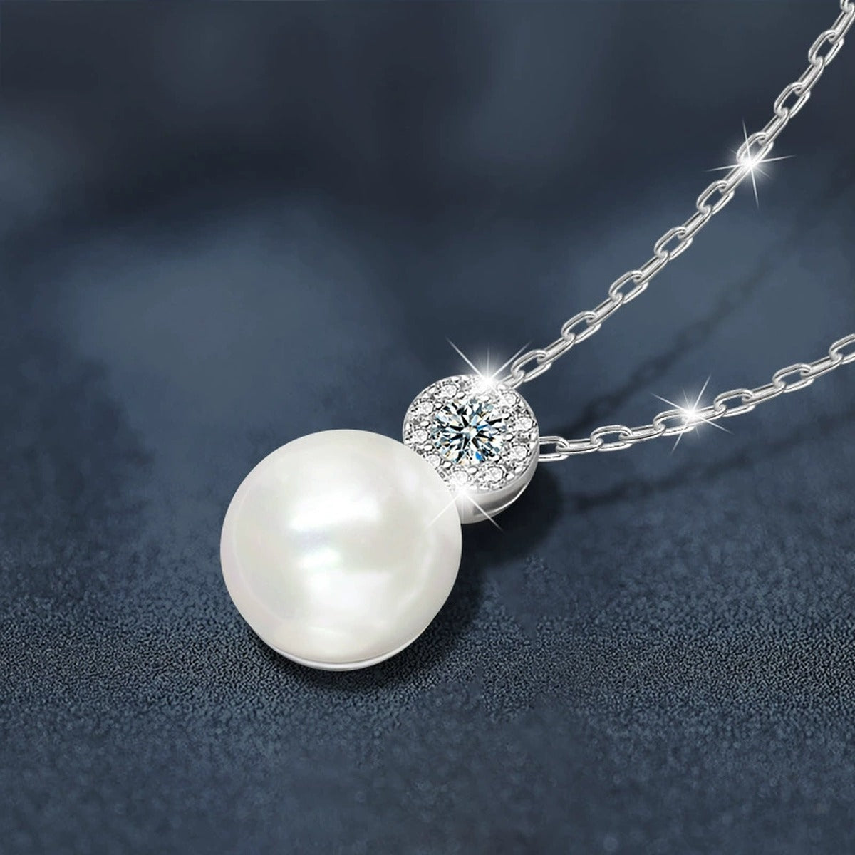 Pearl and Moissanite Necklace with CZ in White Gold-Plated S925 sterling silver blue display scene showing chain and stone layout