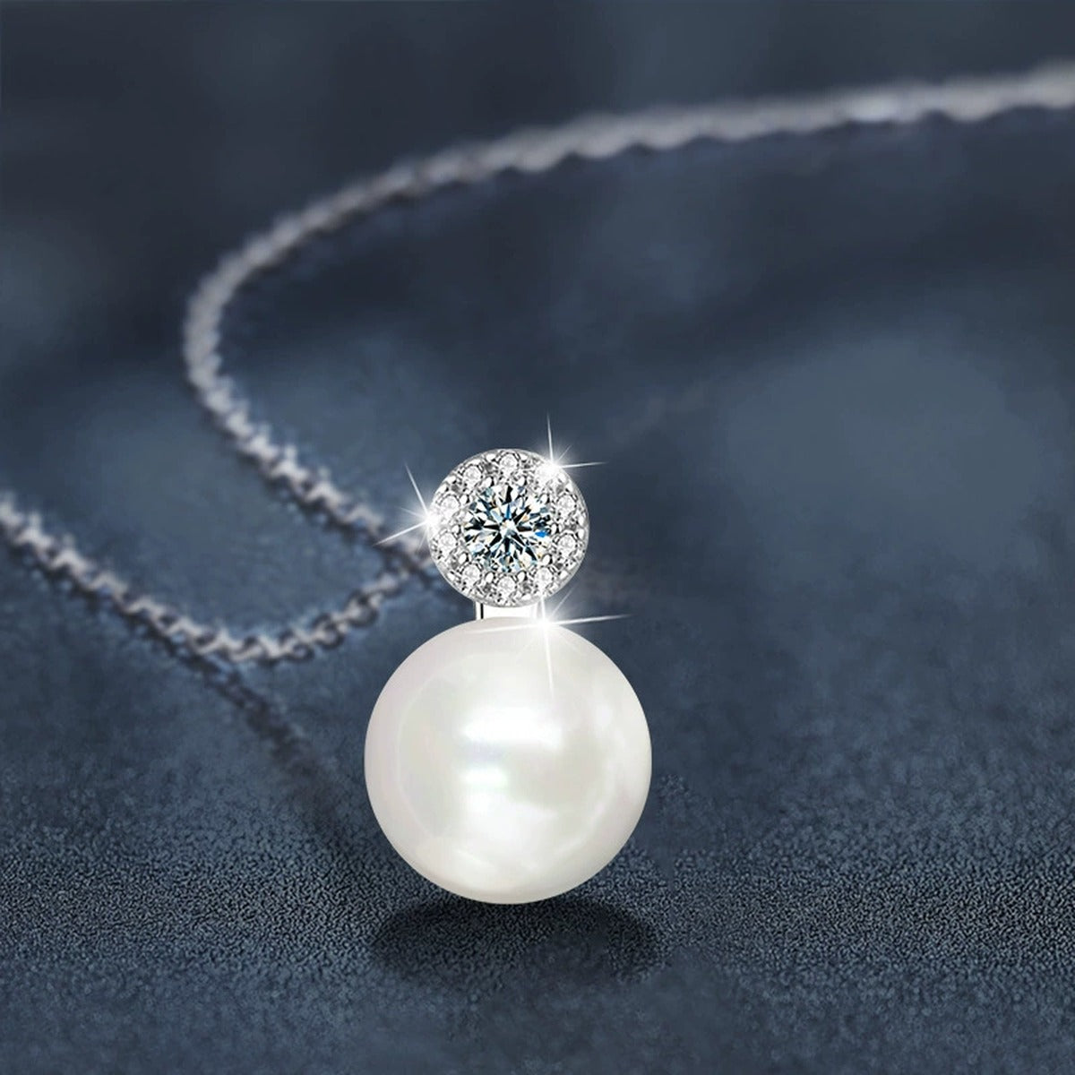 Pearl and Moissanite Necklace with CZ in White Gold-Plated S925 sterling silver angled product detail view