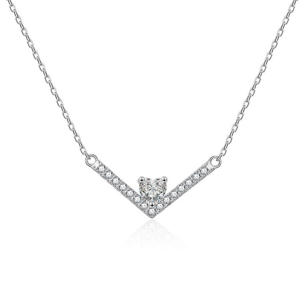 V Heart Cut Moissanite Necklace with CZ in White Gold-Plated S925 sterling silver white background product photo showing v-shaped pendant with a 5x5mm heart-cut moissanite and CZ accents