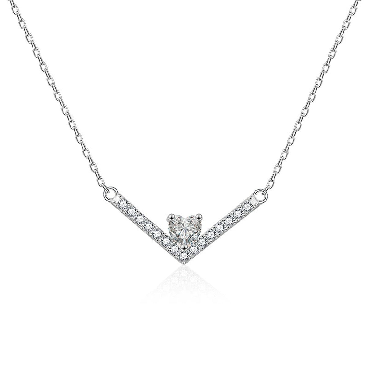 V Heart Cut Moissanite Necklace with CZ in White Gold-Plated S925 sterling silver white background product photo showing v-shaped pendant with a 5x5mm heart-cut moissanite and CZ accents