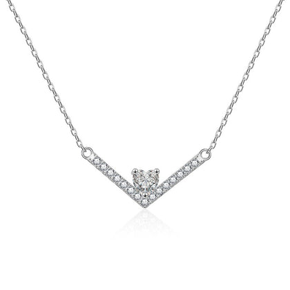 V Heart Cut Moissanite Necklace with CZ in White Gold-Plated S925 sterling silver white background product photo showing v-shaped pendant with a 5x5mm heart-cut moissanite and CZ accents