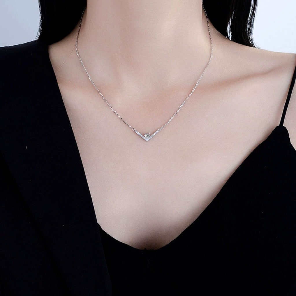 V Heart Cut Moissanite Necklace with CZ in White Gold-Plated S925 sterling silver neckline model view showing pendant scale and chain length