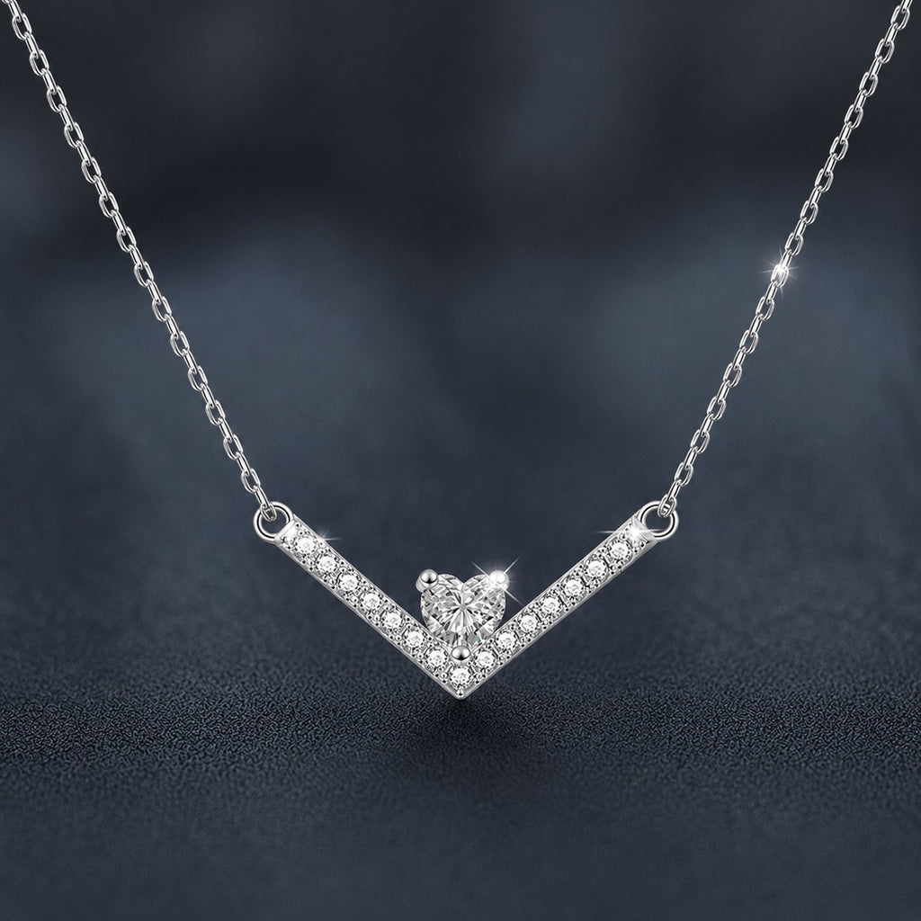 V Heart Cut Moissanite Necklace with CZ in White Gold-Plated S925 sterling silver close-up product scene showing pendant setting