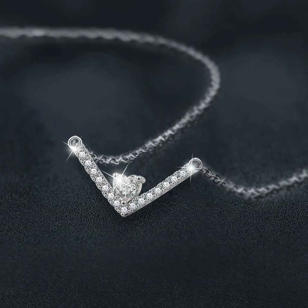 V Heart Cut Moissanite Necklace with CZ in White Gold-Plated S925 sterling silver blue display scene showing chain and stone layout