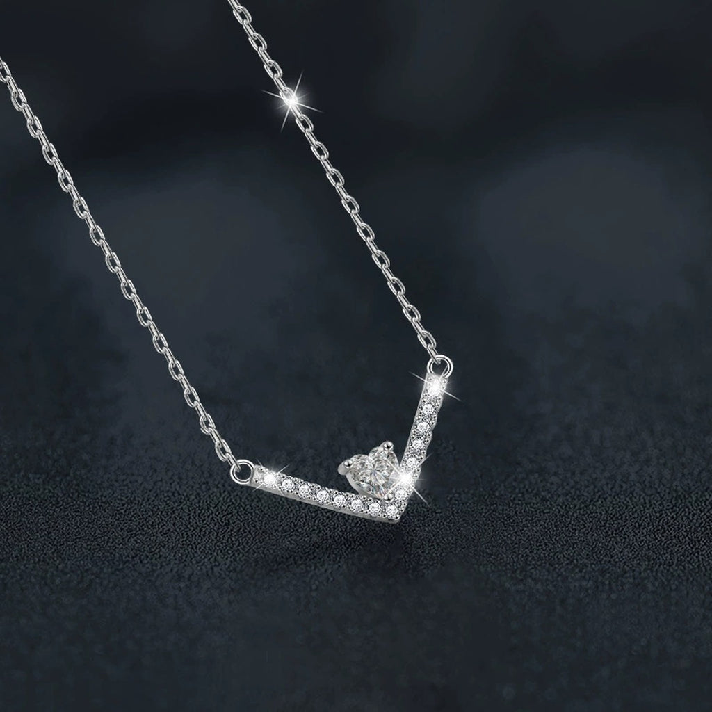V Heart Cut Moissanite Necklace with CZ in White Gold-Plated S925 sterling silver angled product detail view