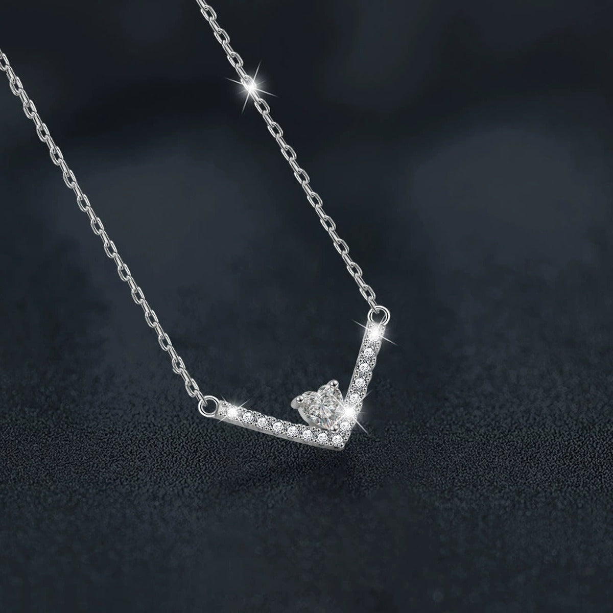 V Heart Cut Moissanite Necklace with CZ in White Gold-Plated S925 sterling silver angled product detail view