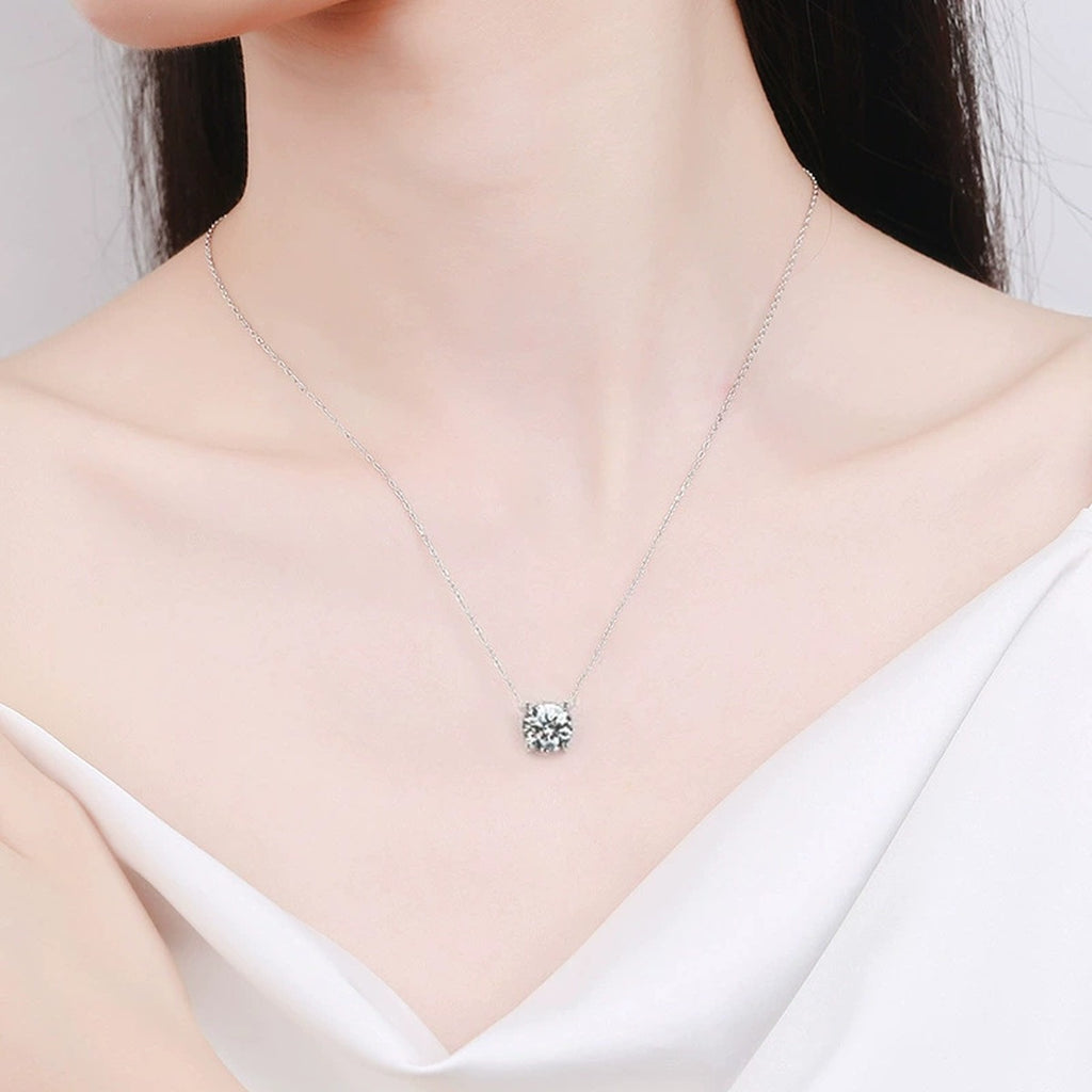 Four-Prong Round Moissanite Solitaire Necklace in Gold-Plated S925 sterling silver neckline model view showing pendant scale and chain length