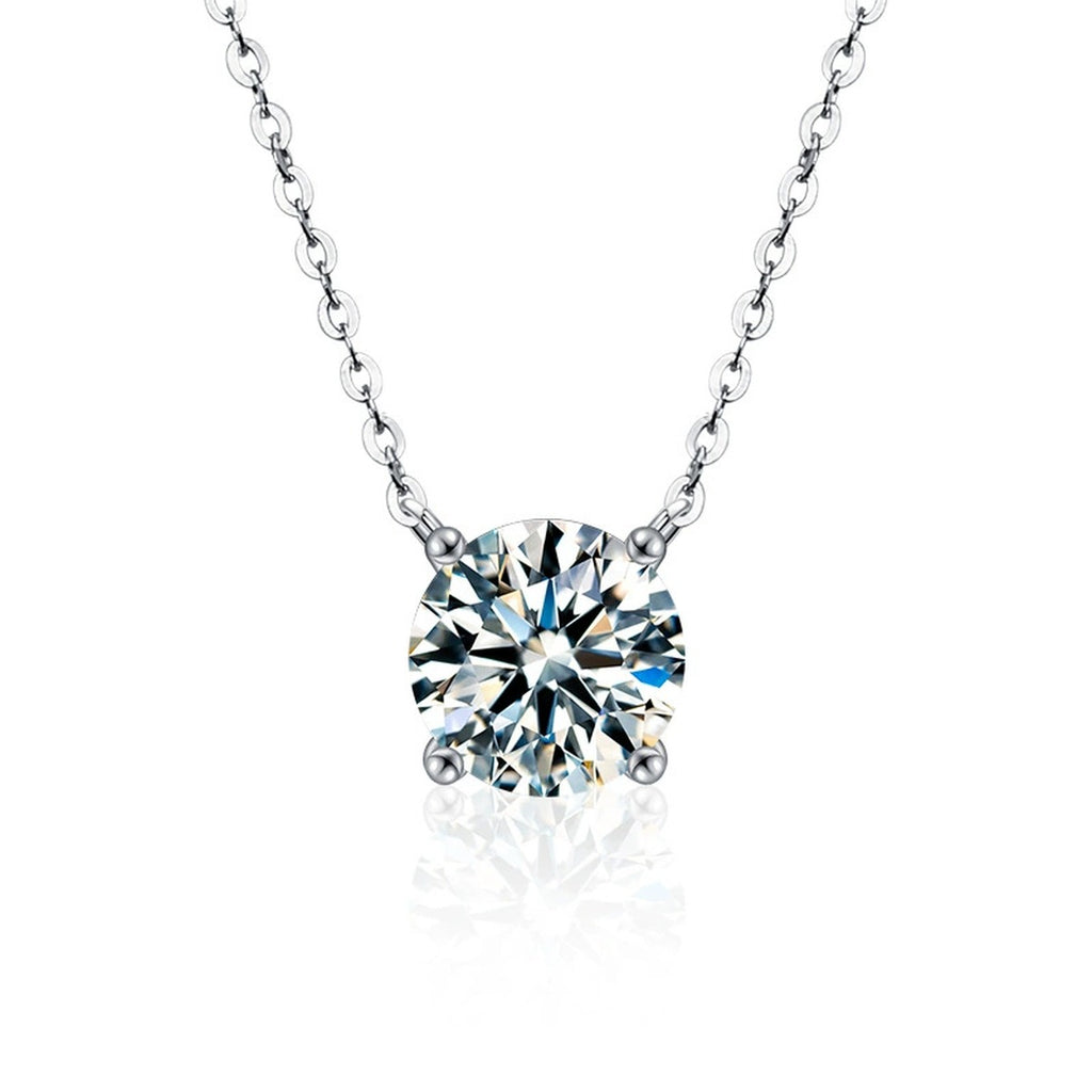 Four-Prong Round Moissanite Solitaire Necklace in Gold-Plated S925 sterling silver alternate metal color white background product view showing a low-profile four-prong solitaire with white or iridescent moissanite