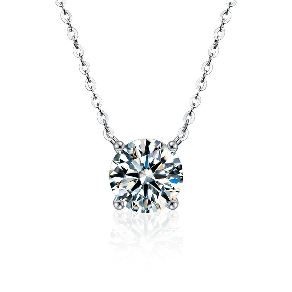 Four-Prong Round Moissanite Solitaire Necklace in Gold-Plated S925 sterling silver alternate metal color white background product view showing a low-profile four-prong solitaire with white or iridescent moissanite