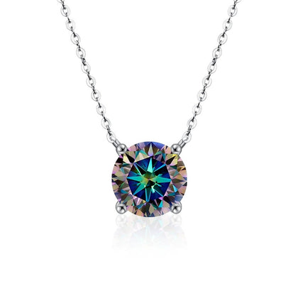 Four-Prong Round Moissanite Solitaire Necklace in Gold-Plated S925 sterling silver alternate metal color white background product view showing a low-profile four-prong solitaire with white or iridescent moissanite