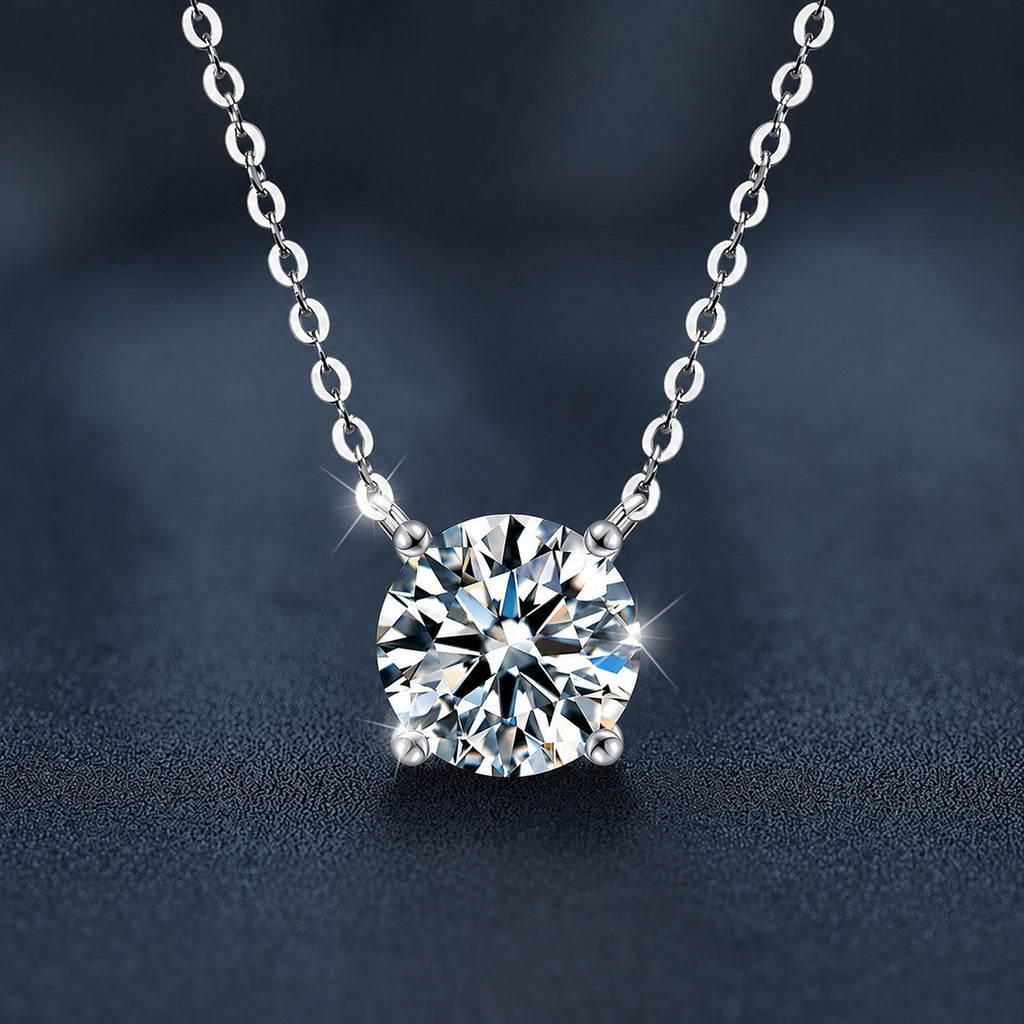Four-Prong Round Moissanite Solitaire Necklace in Gold-Plated S925 sterling silver display scene showing chain and stone layout