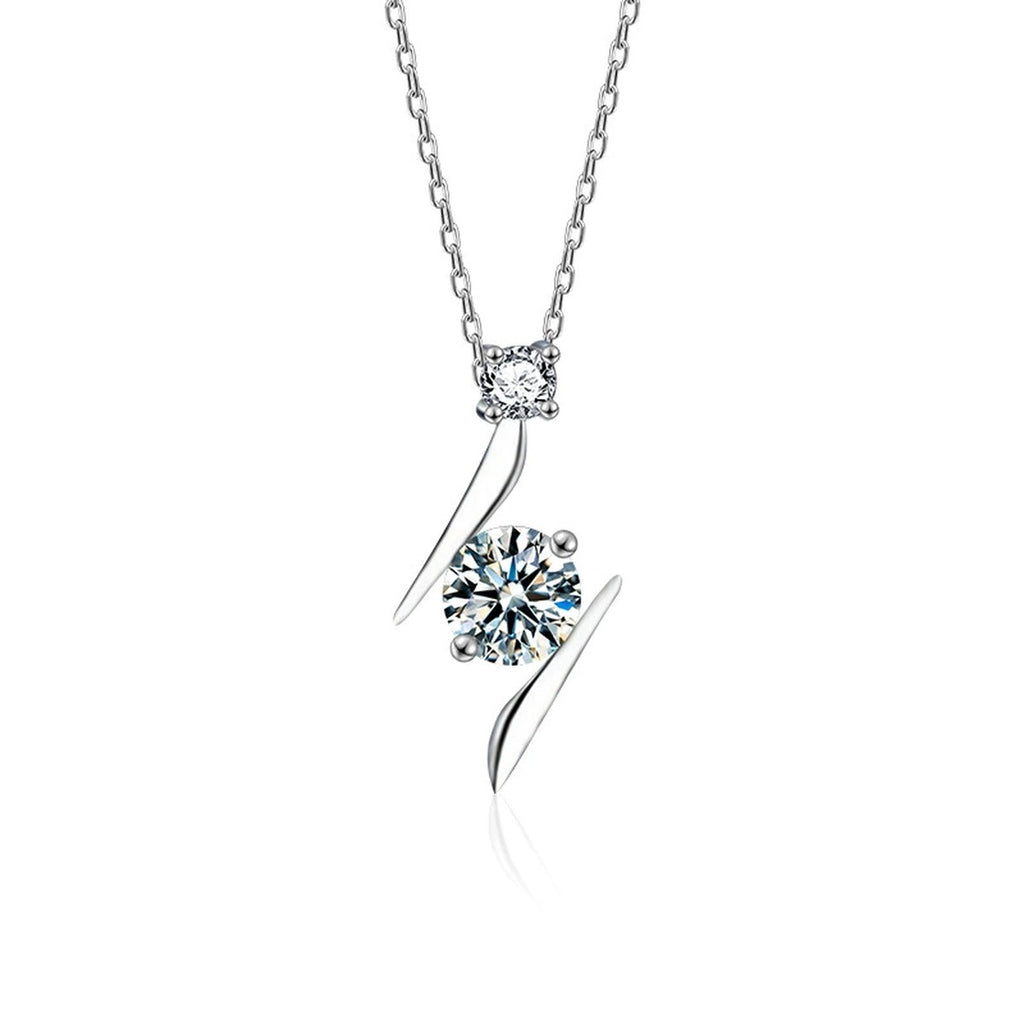 Lightning Round Moissanite Necklace with CZ in White Gold-Plated S925 sterling silver white background product photo showing lightning-inspired pendant with a 5mm round moissanite and CZ detail